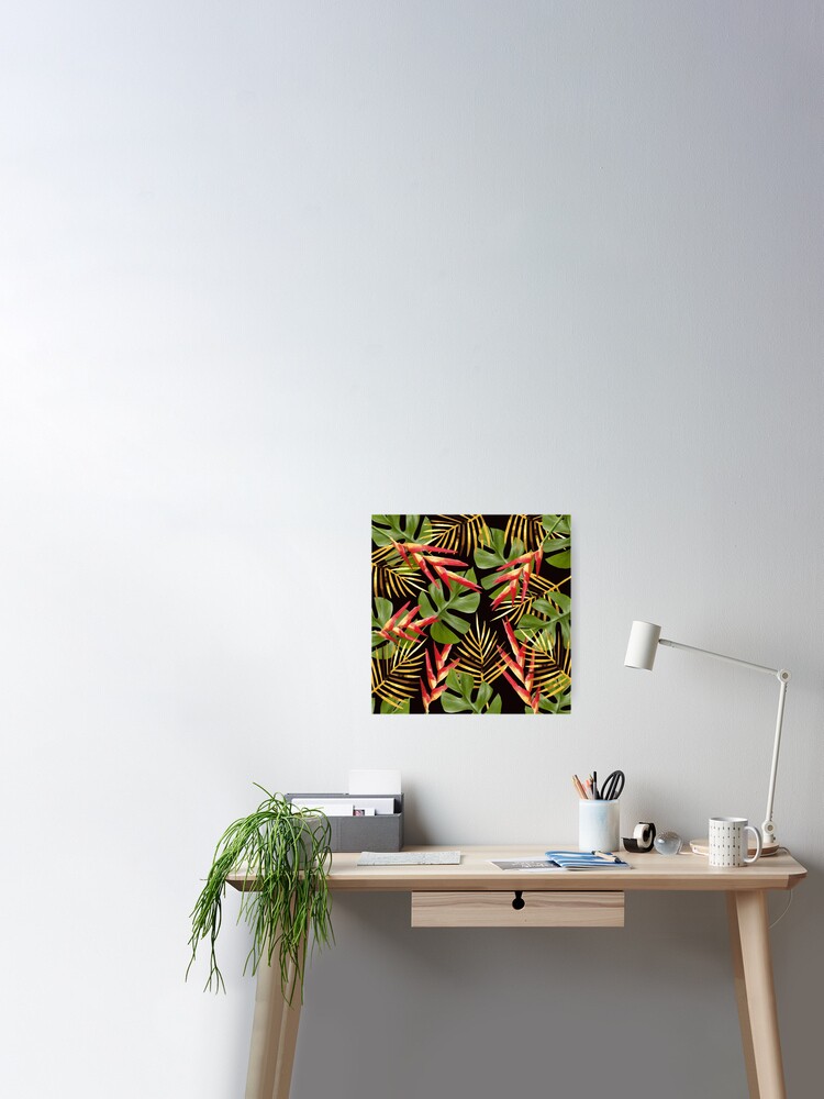 Heliconia Flowers With Palm Tree Leaf Monstera Black Poster By