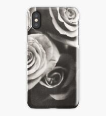 Medium format analog black and white photo of white rose flowers iPhone Case