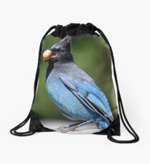 Stellar's Jay With a Beak-full Drawstring Bag