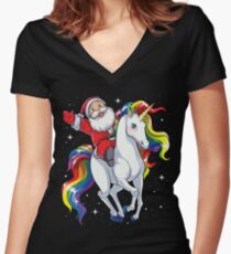 Santa Riding Unicorn T Shirt Christmas Gifts Rainbow Space Xmas T-shirt Gifts Ideas Women's Fitted V-Neck T-Shirt