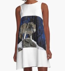 Arctic Wolf on Rock Cliff A-Line Dress
