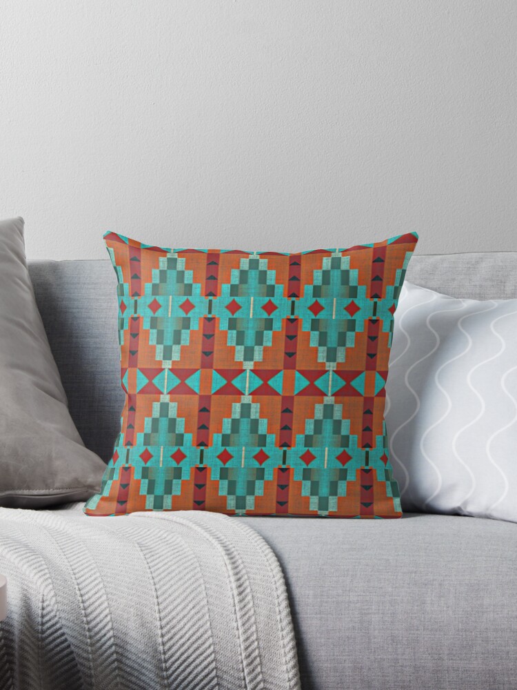 Bright Orange Red Aqua Turquoise Teal Tribal Pattern Throw Pillow