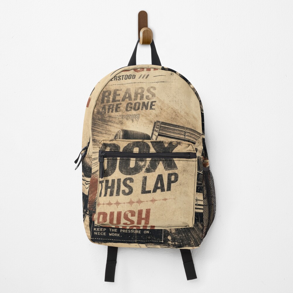 Box This Lap Push Push Open Wheel Racing Poster Art on a backpack
