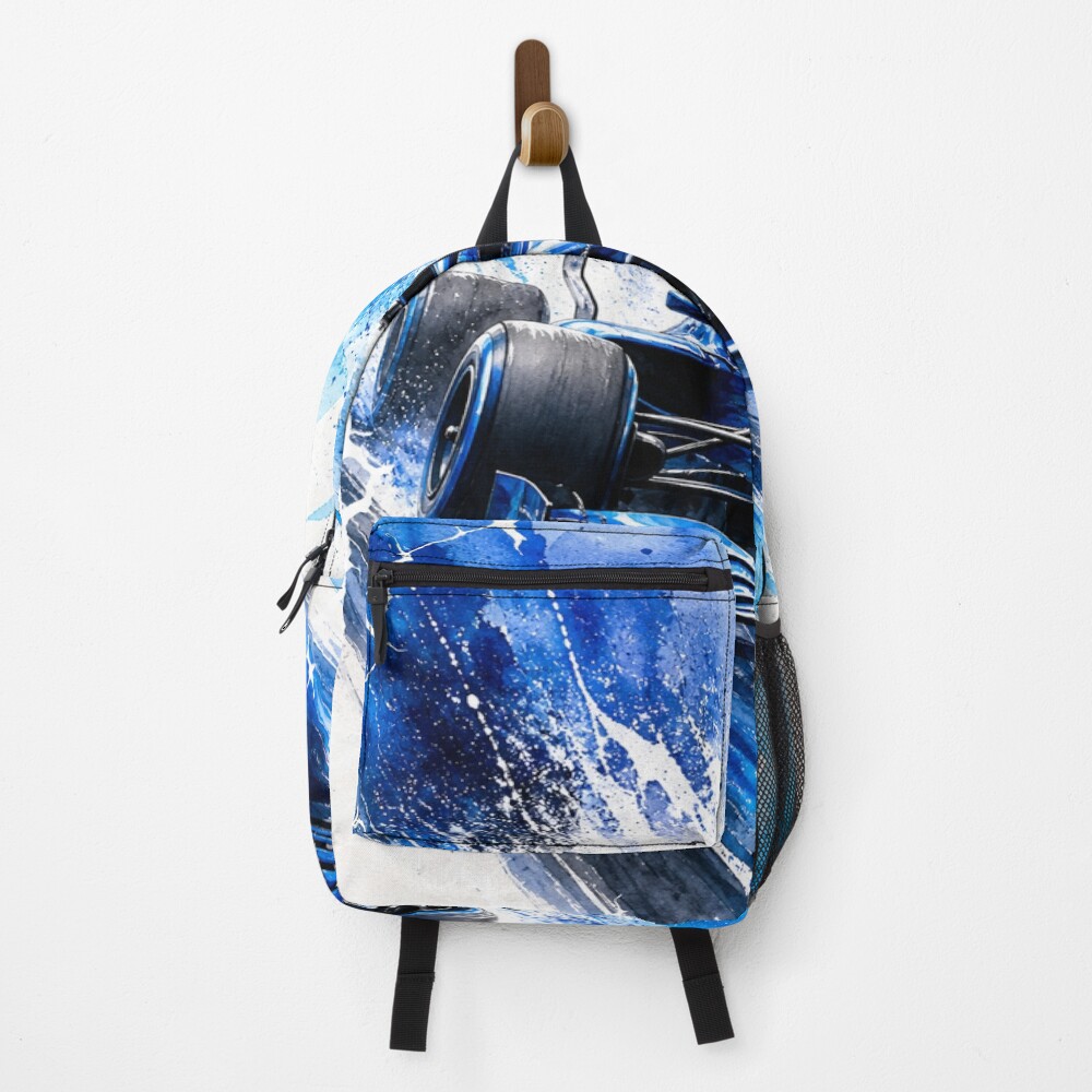 Blue Racing Grand Prix Racer Watercolor Speed Splash on a backpack