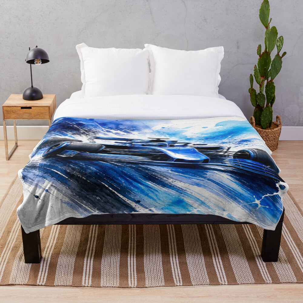 Blue Racing Grand Prix Racer Watercolor Speed Splash on a throw blanket