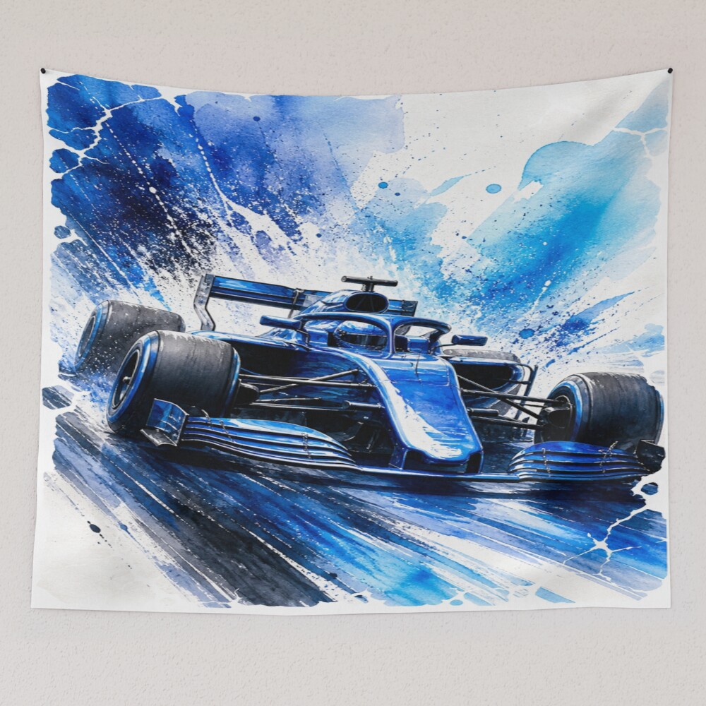 Blue Racing Grand Prix Racer Watercolor Speed Splash on a tapestry