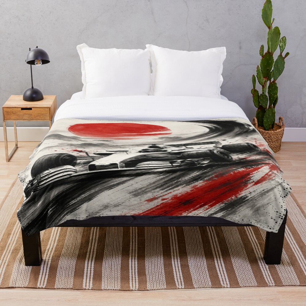 Ink Brush Racing Grand Prix Racer Red Sun Japan Speed Art on a throw blanket
