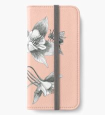 Vinilo o funda para iPhone abejas en aquilegia flores sobre fondo rosa polvoriento