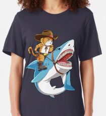 Cat Riding Shark T shirt Funny Kitty Kitten Cowboy hat Gifts Kids Boys Girls Slim Fit T-Shirt