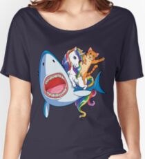 Cat Riding Unicorn Riding Shark T-Shirt Rainbow Galaxy Gifts Kids Boys Girls Women Men Youth Tees Women's Relaxed Fit T-Shirt