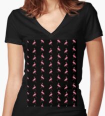 Pink Flamingos on Black Background Pattern Women's Fitted V-Neck T-Shirt