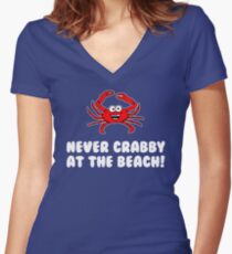 Never Crabby At The Beach Crab Cartoon Women's Fitted V-Neck T-Shirt