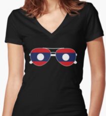 Laotian Flag Laos Sunglasses T-Shirt Laotian Flag Laos Tee Women's Fitted V-Neck T-Shirt
