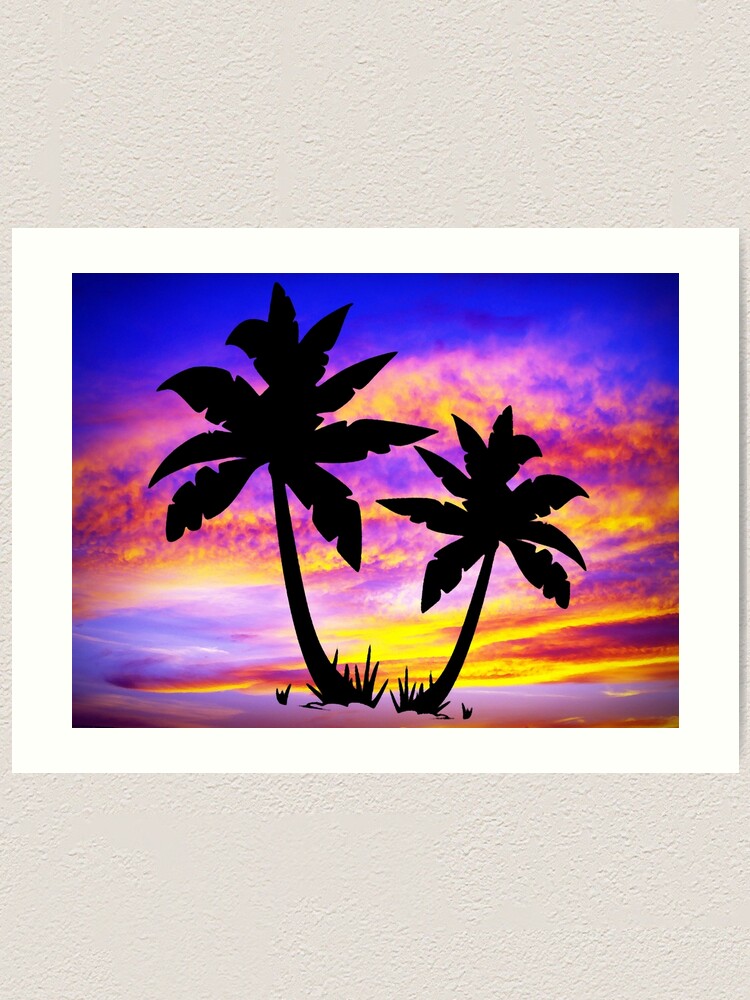 Sunrise Silhouette Palm Trees Digital Oil Painting Art Print By