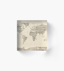 Map of the World Map from Old Sheet Music Acrylic Block