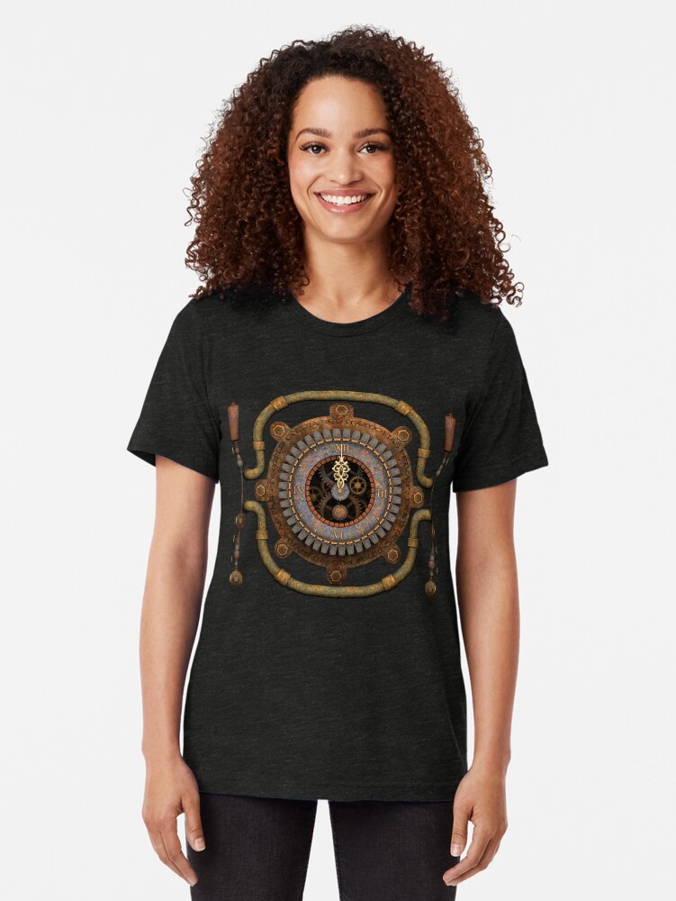 Alternate view of Steampunk Vintage Clock, Pipes and 'Stuff' Tri-blend T-Shirt