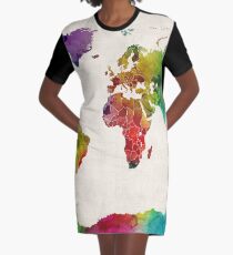 Watercolor Map of the World Map Graphic T-Shirt Dress