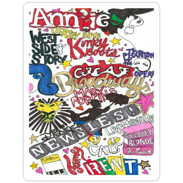 broadway shows collage stickers by colormecrazy redbubble
