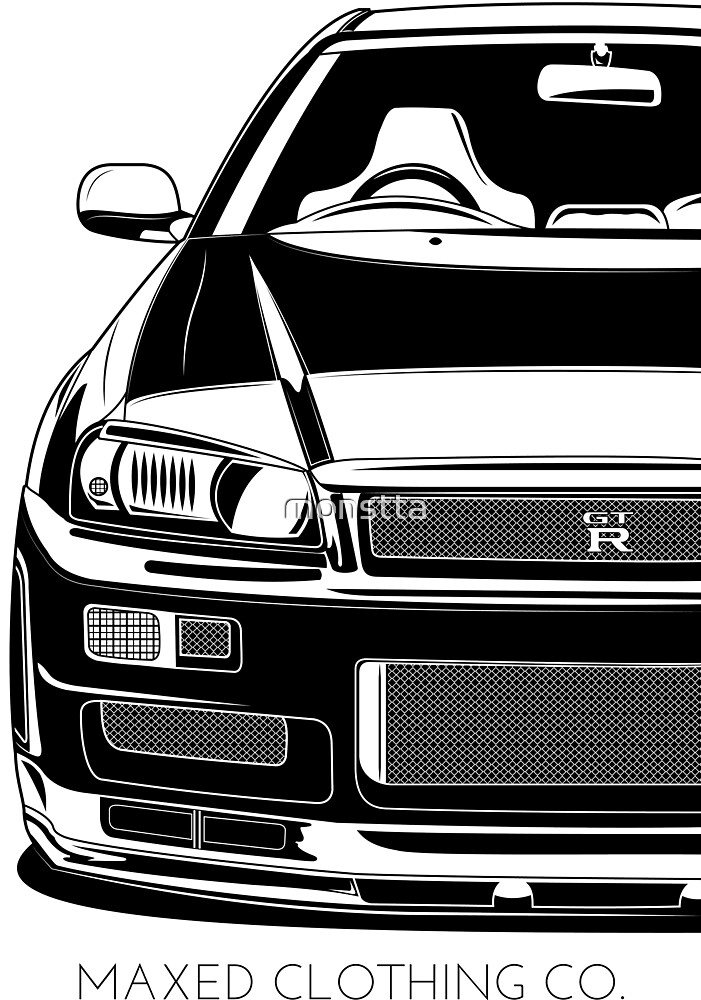 Skyline R34 Gt R Black And White By Monstta Redbubble