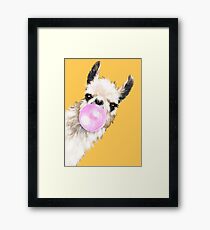 Bubble Gum Sneaky Llama in Mustard Yellow Framed Print