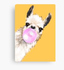 Bubble Gum Sneaky Llama in Mustard Yellow Canvas Print