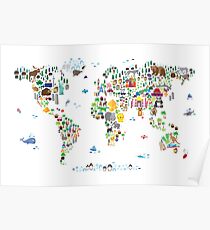 Tierkarte der Welt für Kinder und Kinder Poster