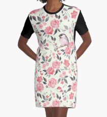 Watercolor floral background with cute bird /2 Graphic T-Shirt Dress
