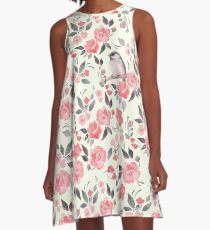 Watercolor floral background with cute bird /2 A-Line Dress