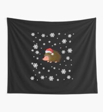 Cute Hedgehog Santa Hat Falling Snowflakes Wall Tapestry