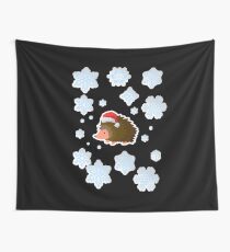 Cute Hedgehog Santa Hat Icy Snowflakes Wall Tapestry