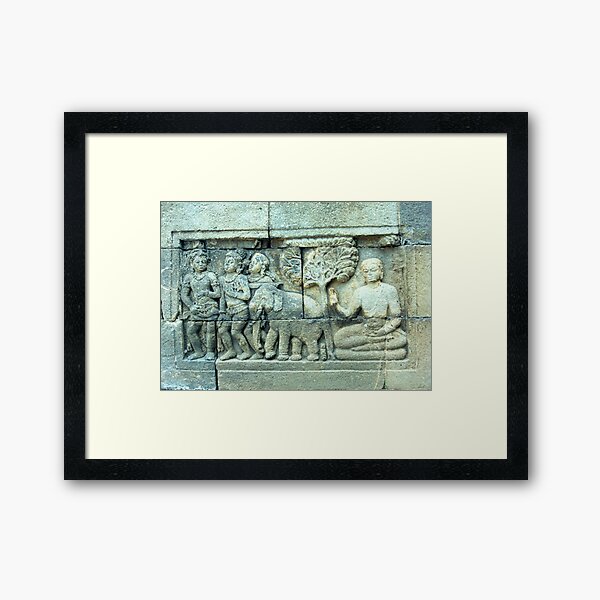 Buddha wall sculpture with tree and elephant Framed Art Print