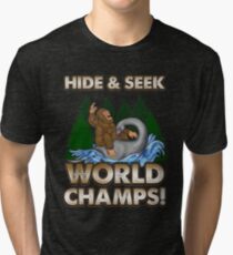 Bigfoot Riding Nessie - Sasquatch Loch Ness Monster T-shirt Tri-blend T-Shirt