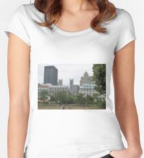 City, skyline, architecture, building, downtown, urban, cityscape, skyscraper, buildings, panorama, sky, business, park, view Women's Fitted Scoop T-Shirt