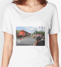 #Train, #railway, #railroad, #locomotive, #station, #transportation, #transport, #rail, #travel, #track, #engine, #diesel, #red, #platform, #old, #steam, #traffic Women's Relaxed Fit T-Shirt