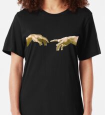 Touch of God, The Creation of Adam, (close up), Michelangelo, 1510, Genesis, Ceiling, Sistine Chapel, Rome, on BLACK. Slim Fit T-Shirt
