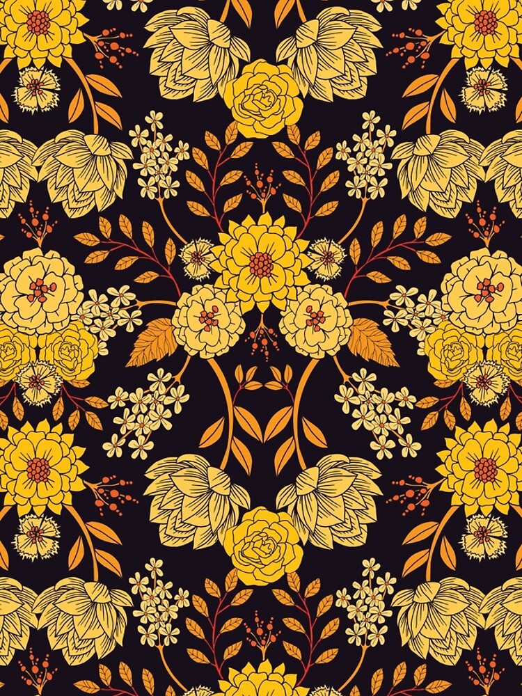 Yellow, Orange & Navy Blue Dark Floral Pattern by somecallmebeth
