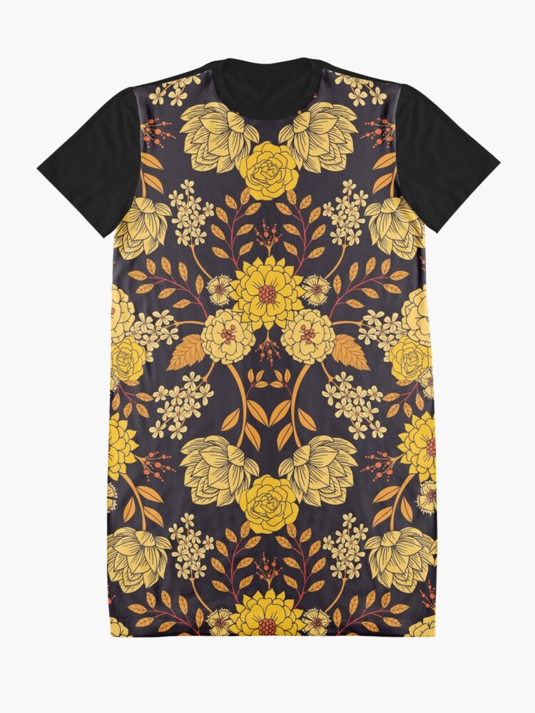 Alternate view of Yellow, Orange & Navy Blue Dark Floral Pattern Graphic T-Shirt Dress