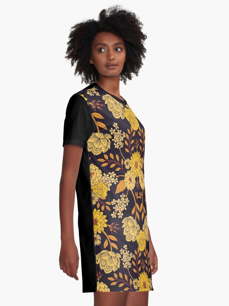 Alternate view of Yellow, Orange & Navy Blue Dark Floral Pattern Graphic T-Shirt Dress