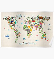 Póster Mapa de animales del mundo