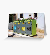 Recycling bins on Halki island Greeting Card