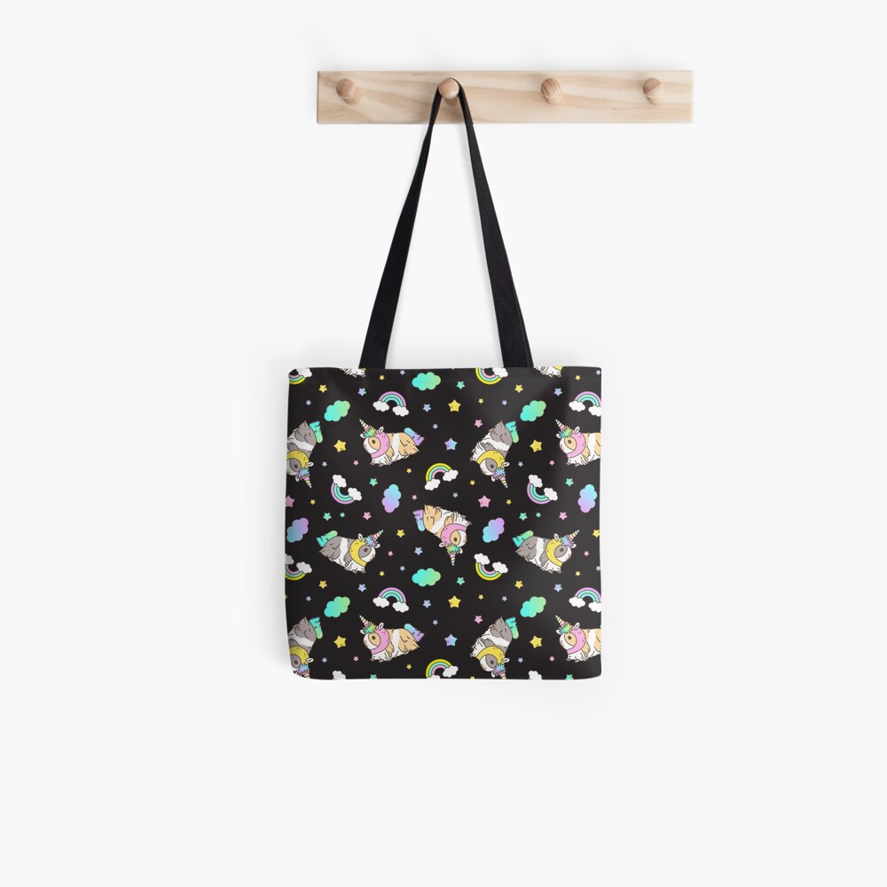 Guinea pig Pattern_Kawaii Guinea pig in Unicorn costume kawaii Pattern in Black Background Tote Bag