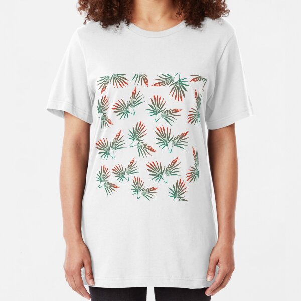 Tropical leaves, pal leaves, tropical leaf, palm leaf, tropical pattern, green and orange Slim Fit T-Shirt