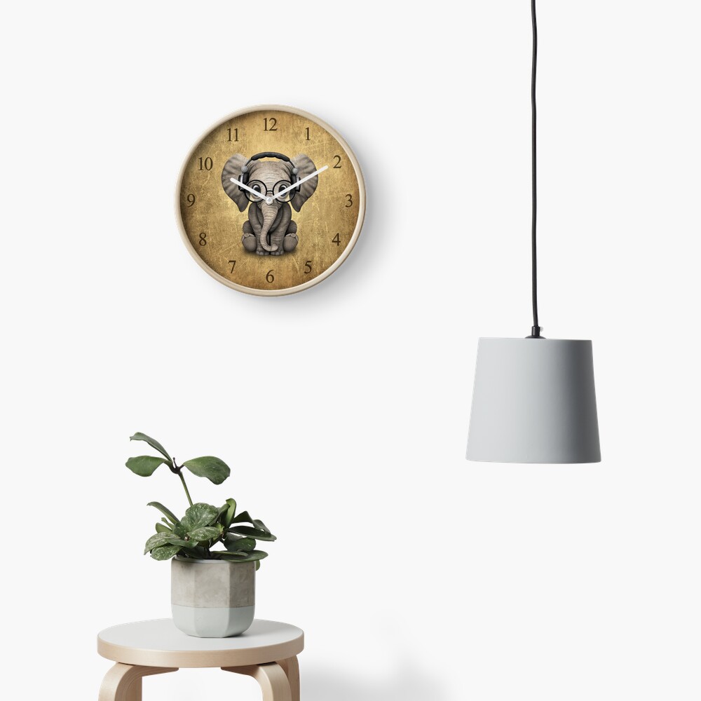 Cute Baby Elephant Dj Wearing Headphones and Glasses Clock