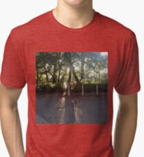 #road #tree #nature #park #trees #forest #green #landscape #path #summer #woods #way #leaves #alley #lane #grass #autumn #foliage #spring #leaf #wood #outdoor #walk #outdoors #countryside Tri-blend T-Shirt