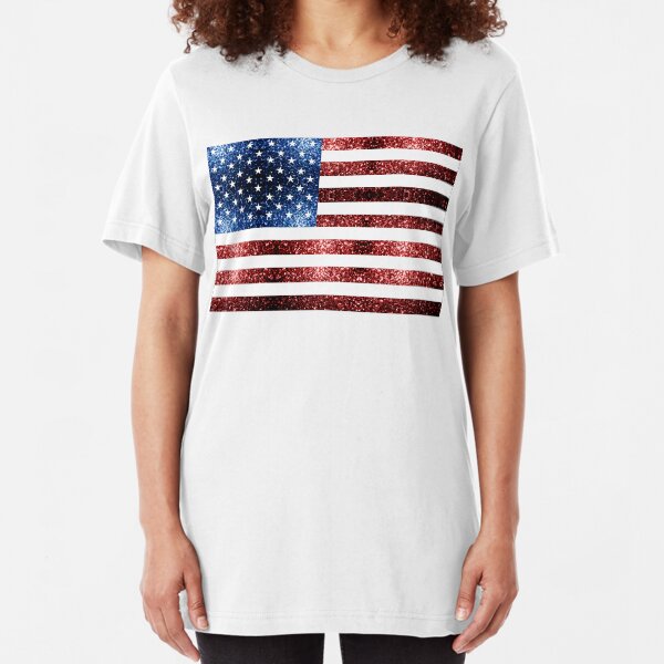 USA flag red blue sparkles glitters Slim Fit T-Shirt