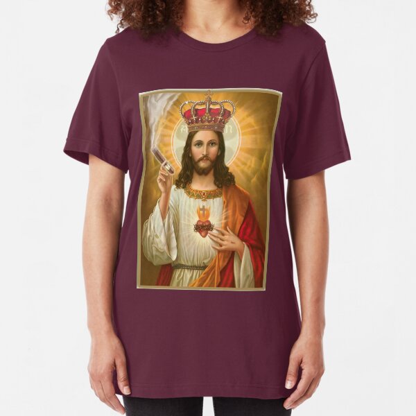 Cigar Smoker Jesus Religious Christian Art Portrait Slim Fit T-Shirt