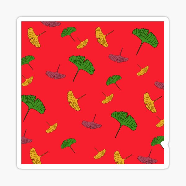 Green, yellow, pink, Ginkgo pattern, ginkgo biloba, australian leaf, leaves, nature, gingko, new zealand leaf, red background Sticker