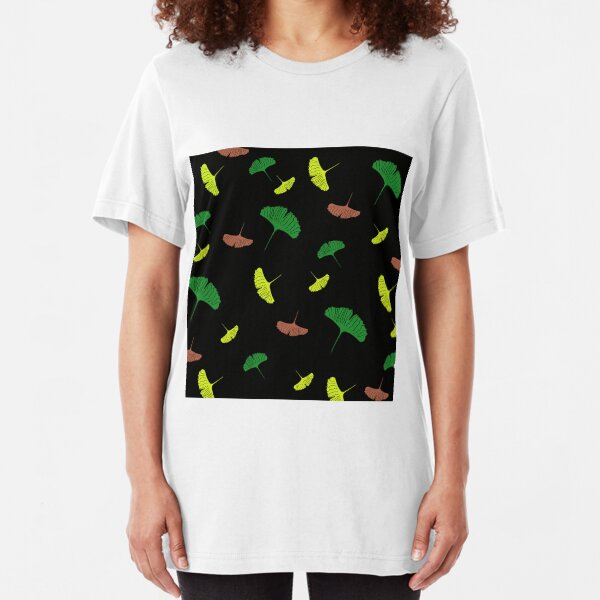 Green, yellow, brown, Ginkgo pattern, ginkgo biloba, australian leaf, leaves, nature, gingko, new zealand leaf, black background Slim Fit T-Shirt