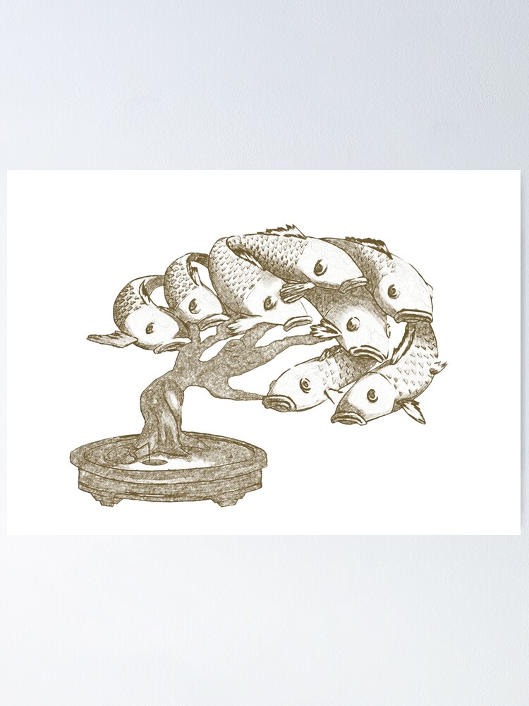 Koi Fish Bonsai Tree Pencil Sketch Poster
