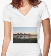 #city #skyline #water #river #cityscape #urban #building #architecture #sky #blue #buildings #panorama #view #downtown #sunset #park #reflection #travel #evening #dusk #lake #panoramic #newyork Women's Fitted V-Neck T-Shirt